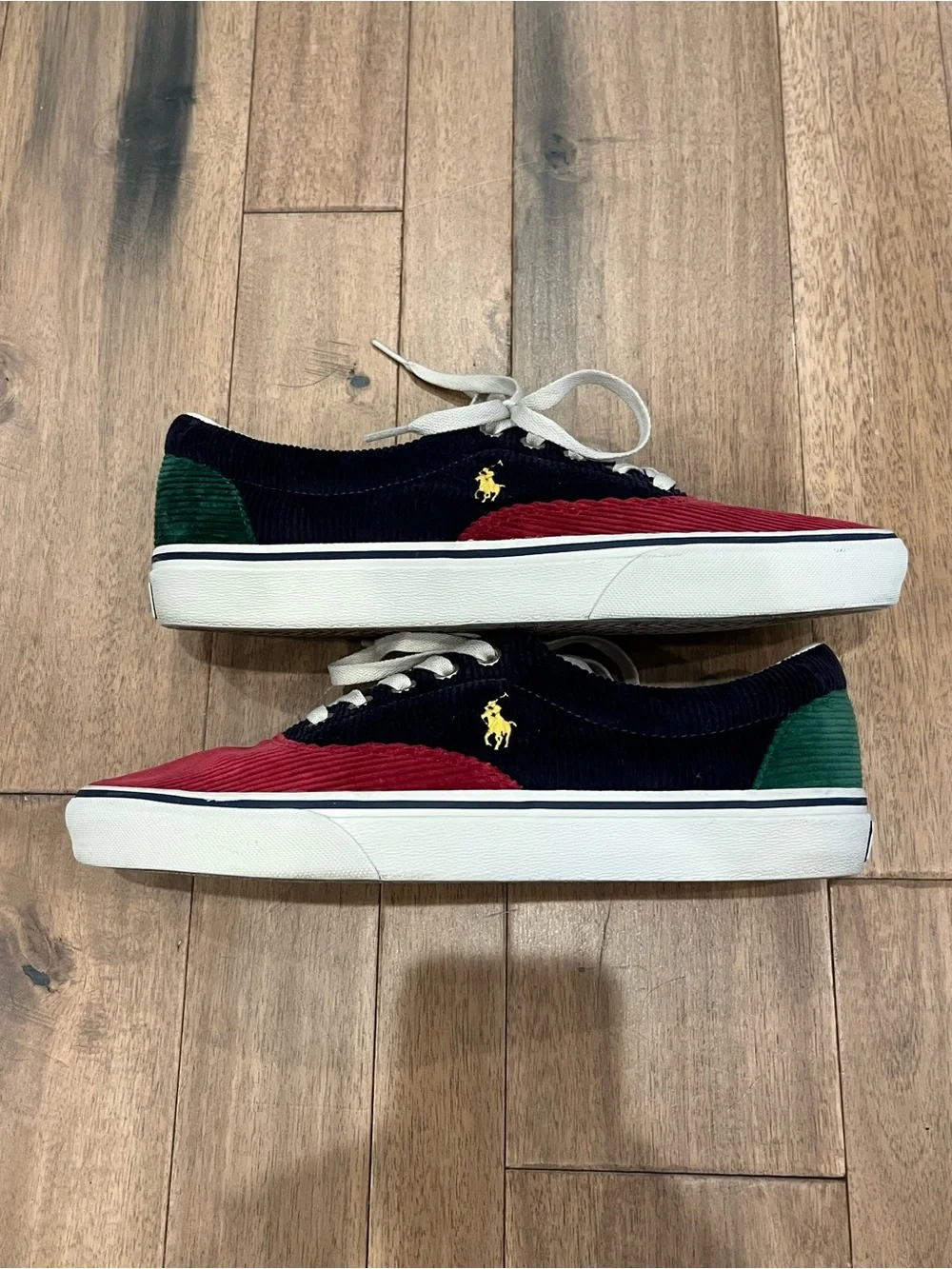 Polo by Ralph Lauren Red and Navy Corduroy Lace-Up Sneakers with Yellow Accents